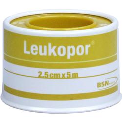 Eine gelb-weiße Rolle Leukopor-Pflasterband mit der Größe 2,5cm x 5m.