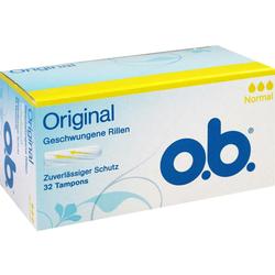 Eine blaue Schachtel Tampons der Marke o.b. mit 32 Stück.
