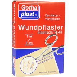 Rote Packung mit elastischem Wundpflaster, Schere, und Anwendungsbild.