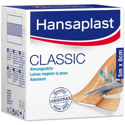 Eine Box Hansaplast Pflaster, atmungsaktiv und 5m x 8cm groß.