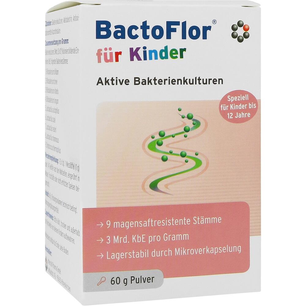 Weiße Packung von BactoFlor für Kinder mit buntem Logo und Infos zu aktiven Bakterienkulturen.