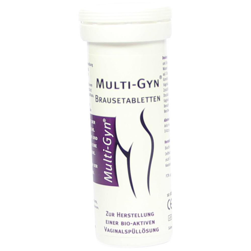 Weiße Dose mit der Aufschrift "Multi-Gyn Brausetabletten" auf Deutsch.