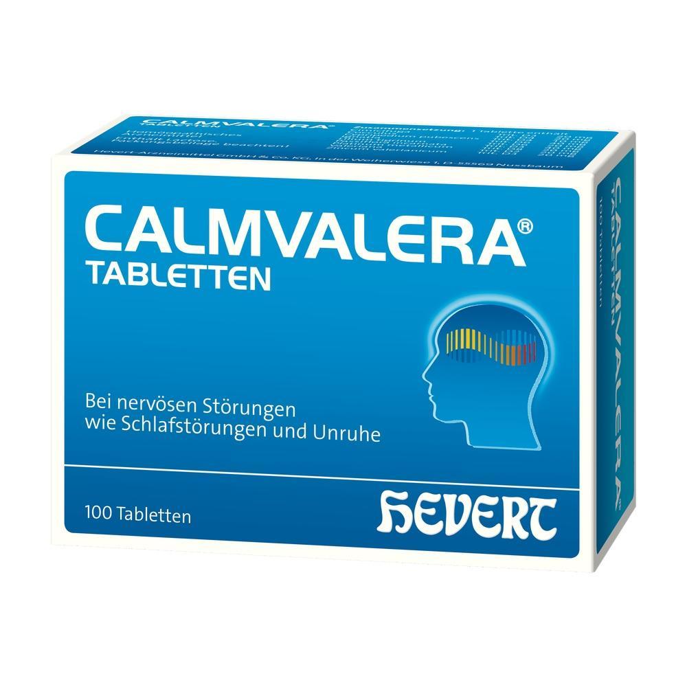 Blaue Verpackung mit Calmvalera-Tabletten gegen Unruhe und Schlafstörungen.