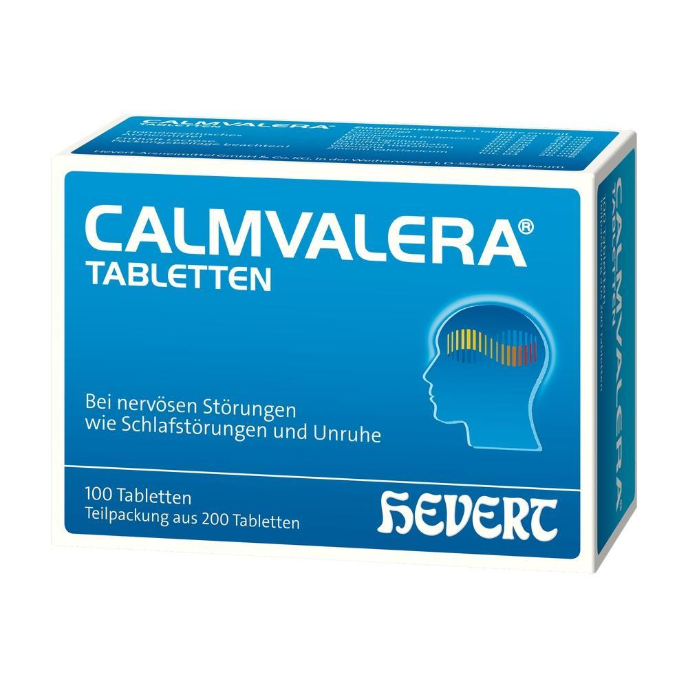 Blaue Medikamentenschachtel mit der Aufschrift "Calmvalera Tabletten".