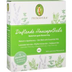 Grüne Verpackung mit Aufschrift über ätherische Bio-Öle: Lavendel, Pfefferminze, Teebaum.